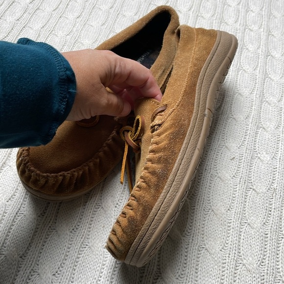 Men’s fireside sz 10 suede slippers. Rubber sole. Flannel plaid insole lining - Picture 5 of 12